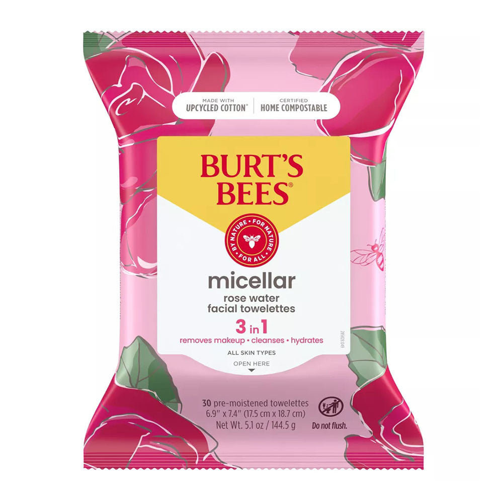 Burts Bees Micellar Makeup Removing Facial Cleansing Towelettes, Rose Water, 30 Ea